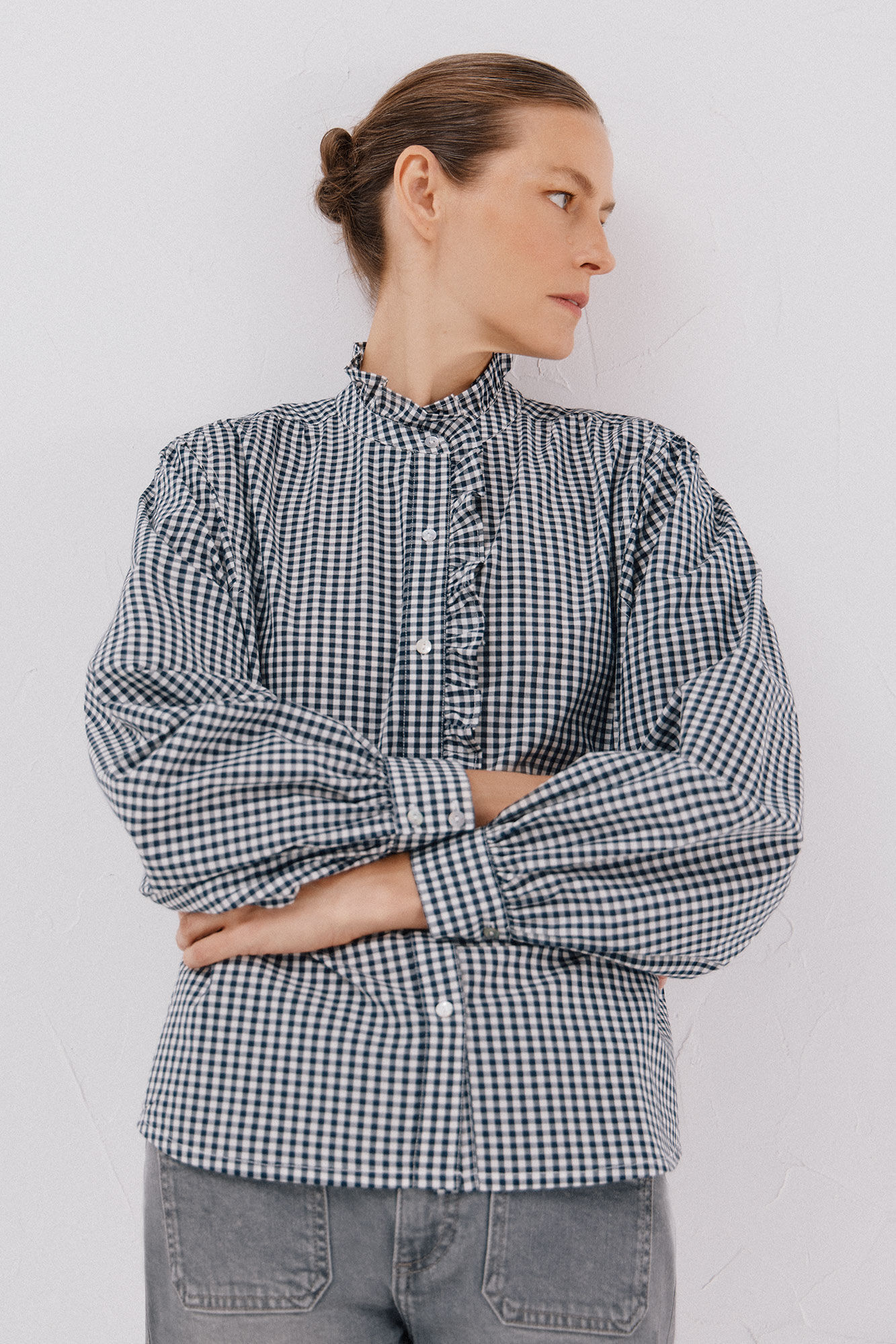 Cortefiel Blusa riscas com gola franzida