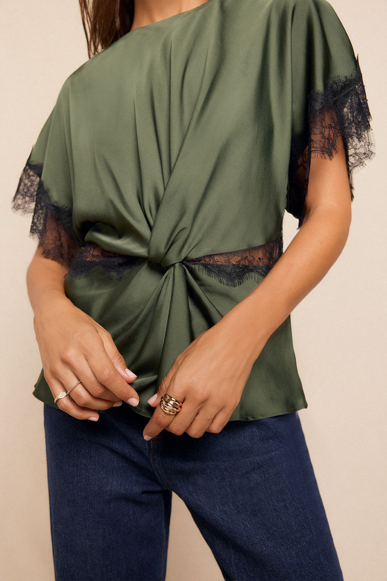 Slowlove Blusa de renda de cetim