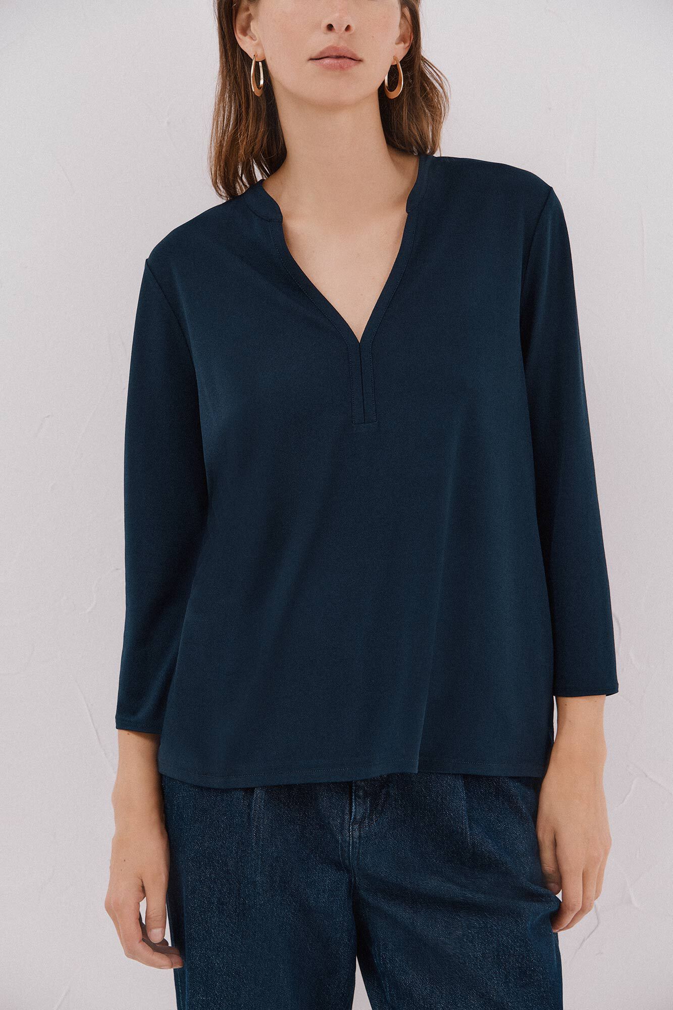 Cortefiel Basic top with mandarin collar Navy