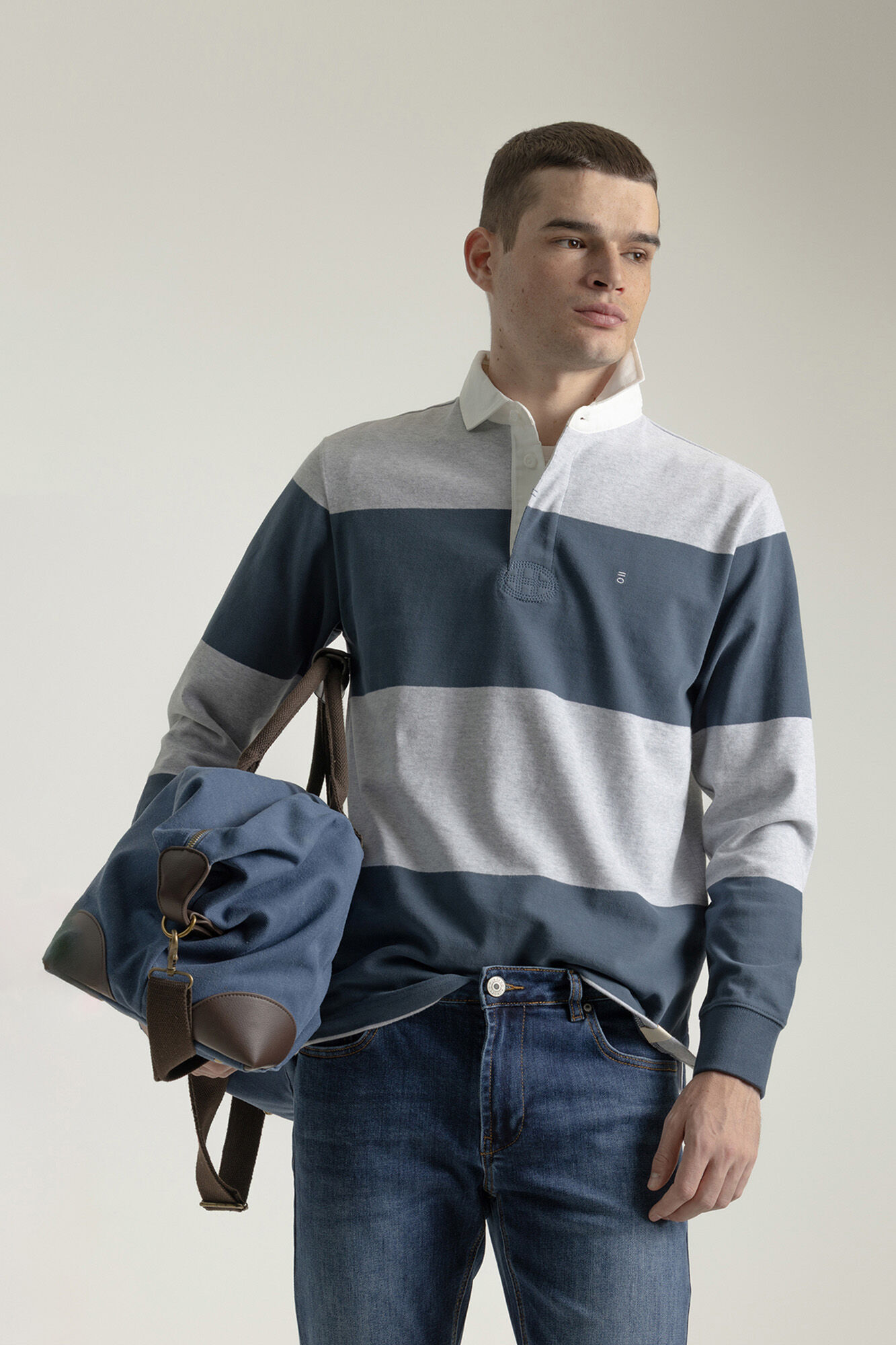 PuroEGO Camisa polo de rugby de algod&atilde;o com listras Azul