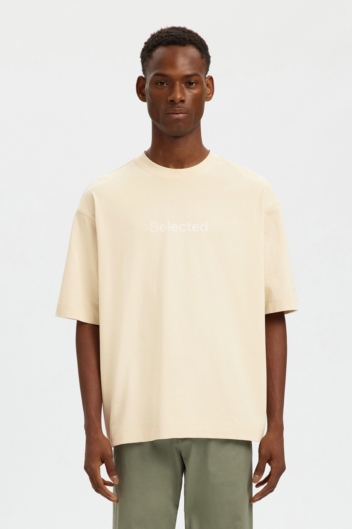 Selected Men's relaxed fit short sleeve front print T-shirt Beige