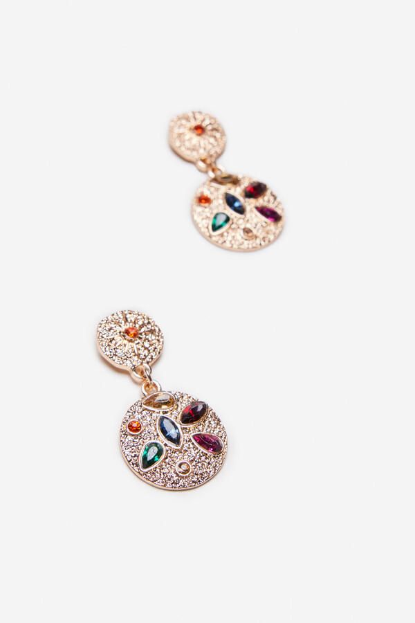 Cortefiel Dangling hammered earrings with multicoloured stones Gold