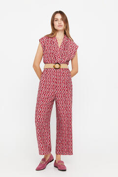 Cortefiel Long jumpsuit with belt Printed white