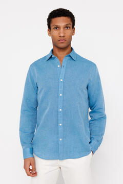 Cortefiel Plain linen/cotton shirt Blue