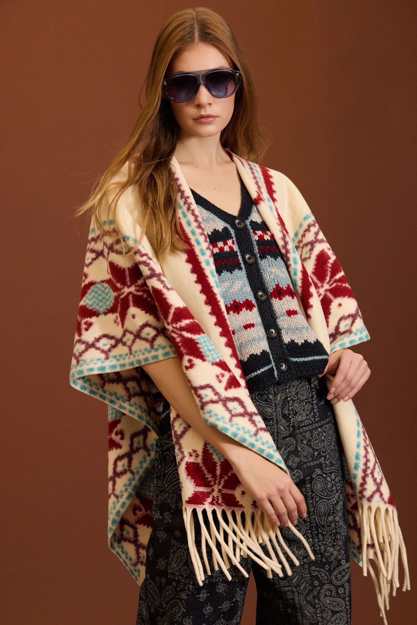 Meisie Poncho &eacute;tnico com franjas Impress&atilde;o