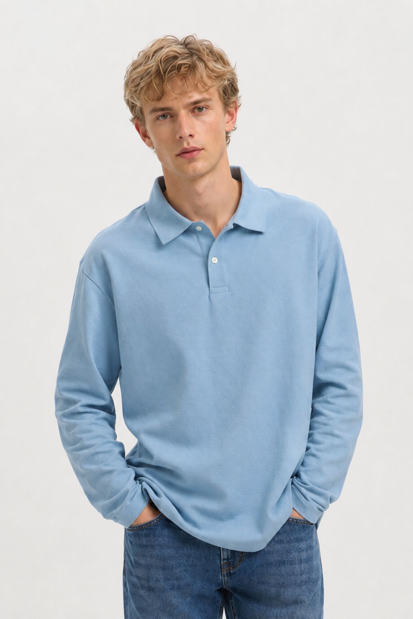 Selected Long sleeve relaxed fit polo shirt Blue