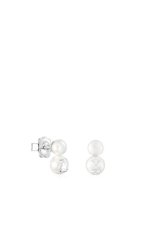 Cortefiel Icon Pearl silver earrings with two pearls Grey