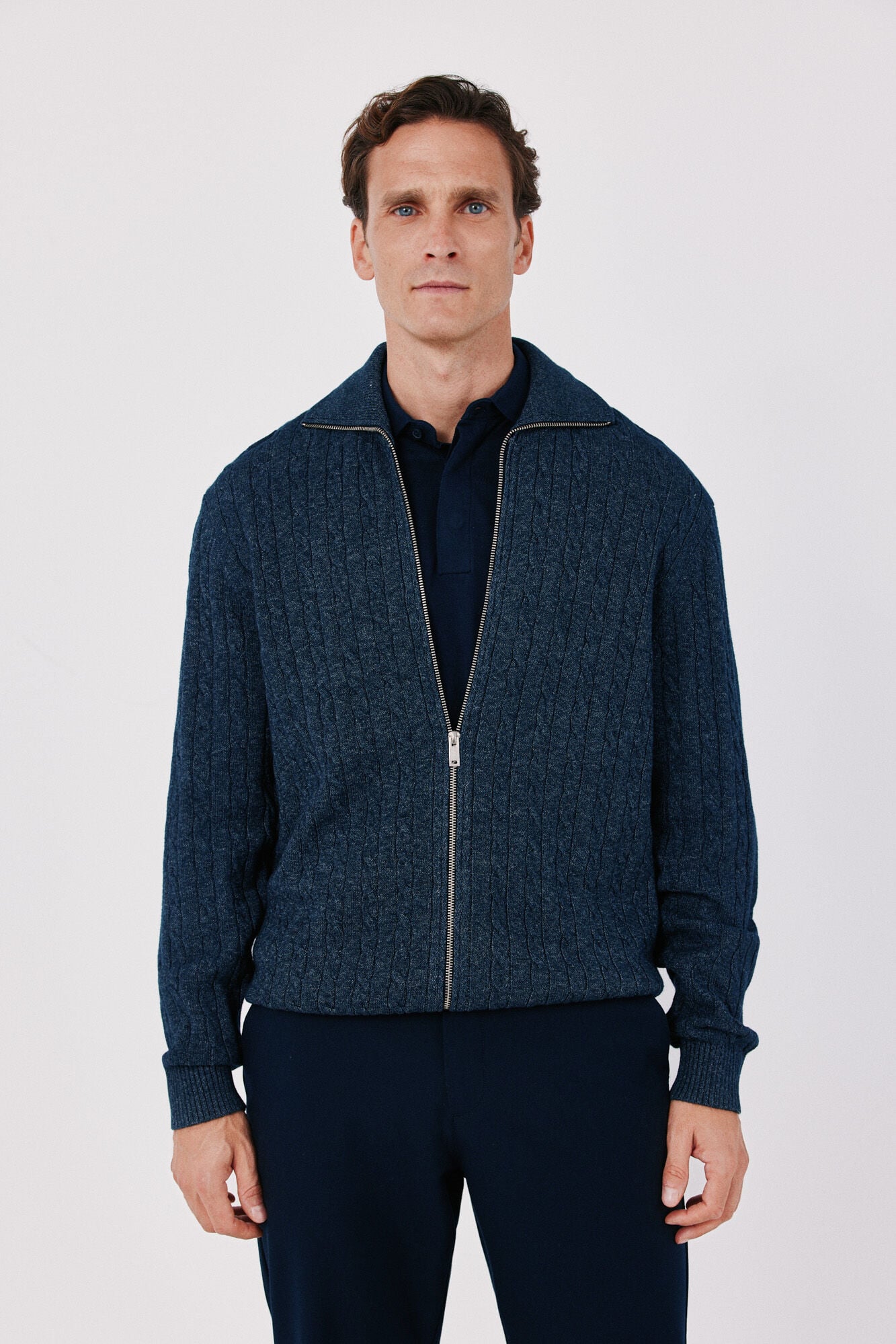 Cortefiel Cotton braided knit zip fastening cardigan