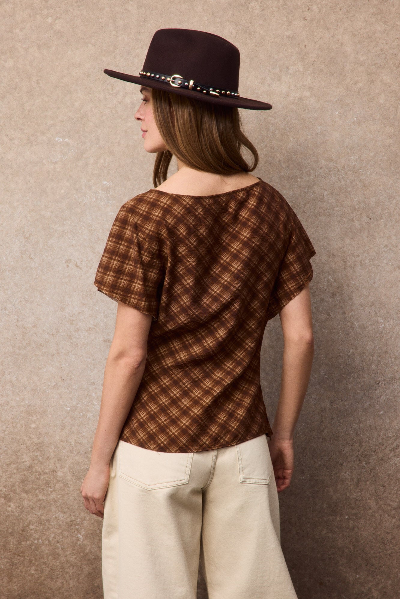 Slowlove Top cuadros Estampado marr&oacute;n