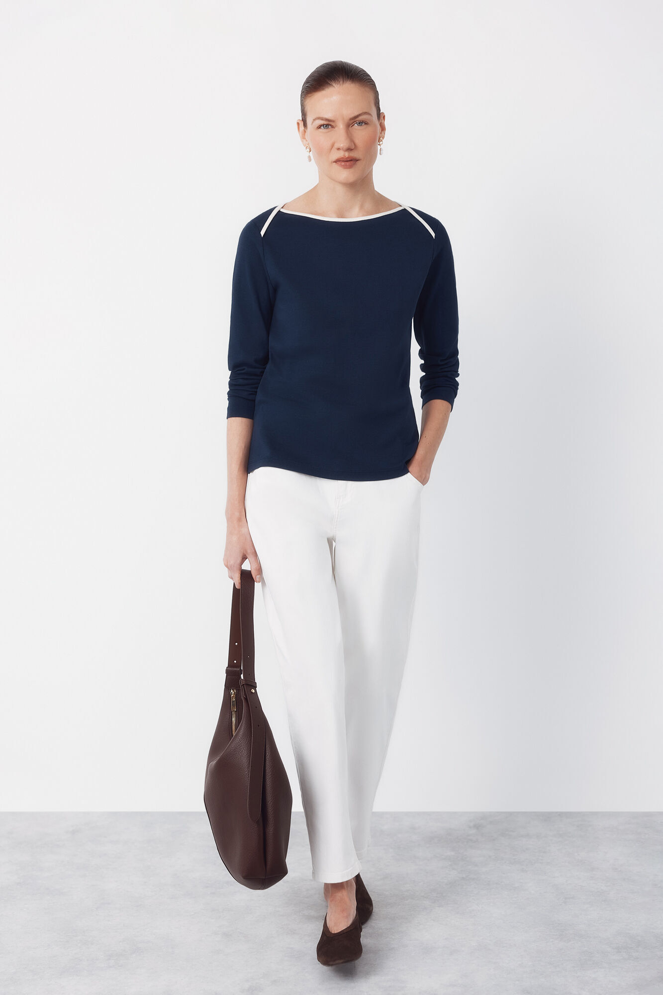 Cortefiel Contrast boat neck t-shirt Navy