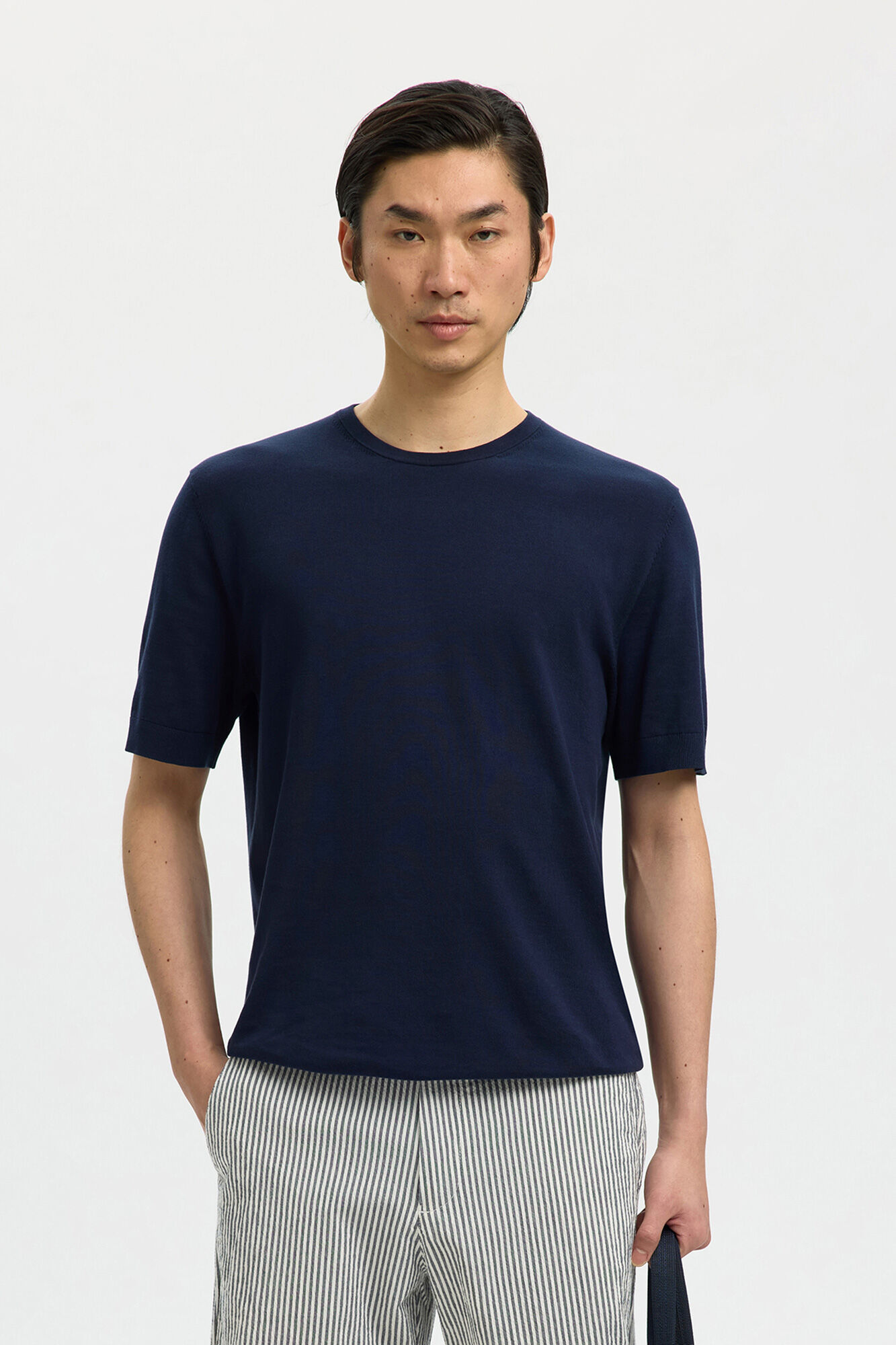 Selected Jersey-knit plain short sleeve men's T-shirt Navy