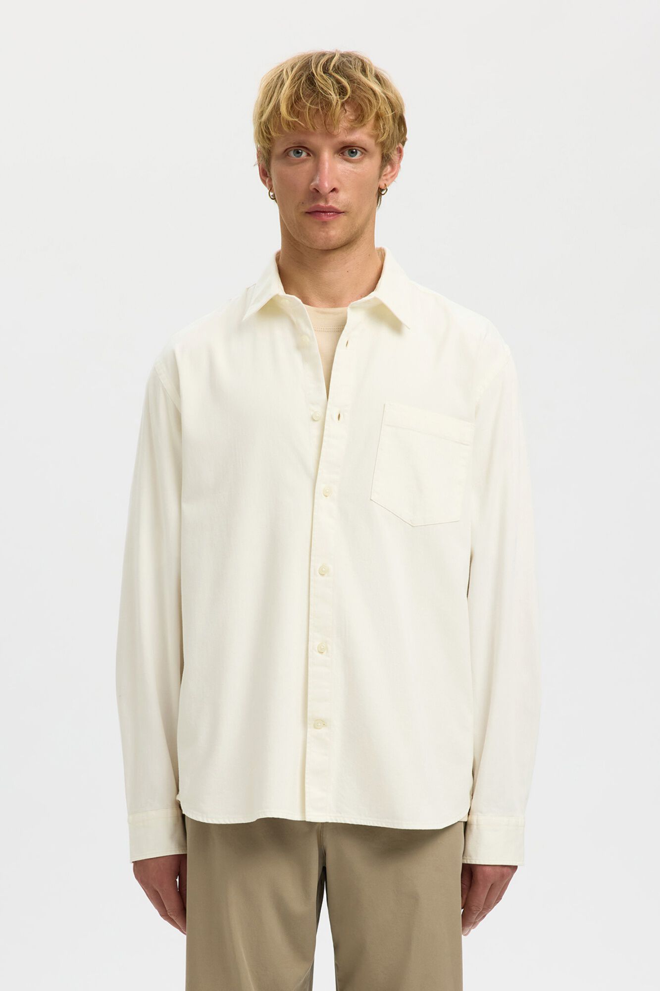 Selected 100% organic cotton lightweight denim shirt Ivory