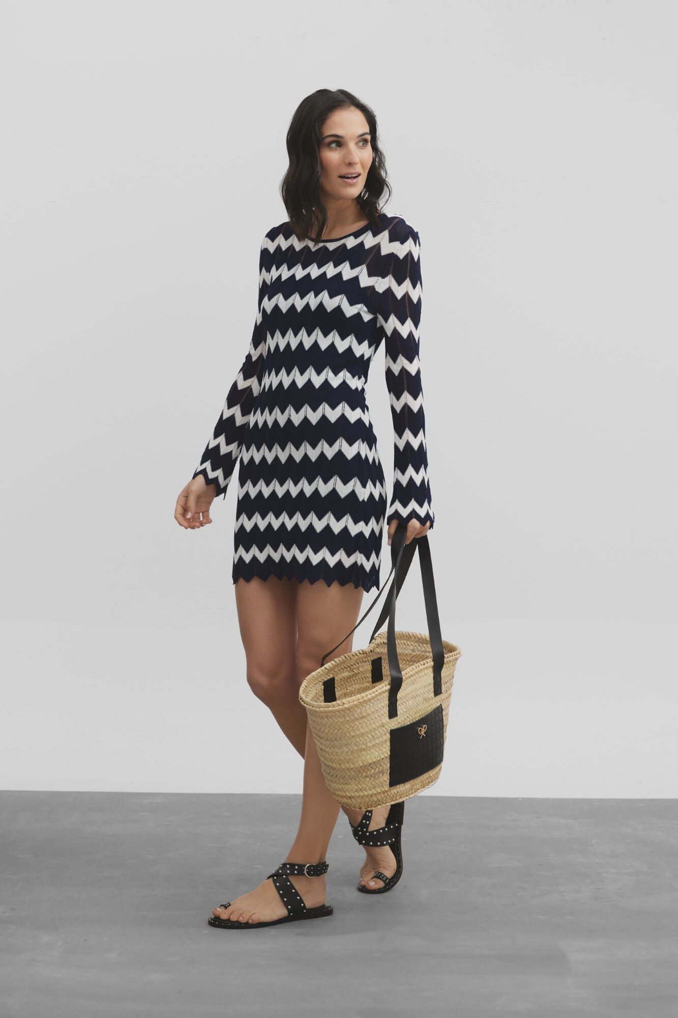 Silbon Herringbone knit dress  Printed blue