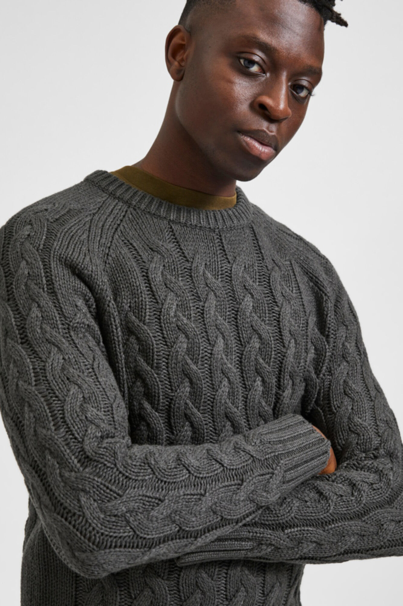 Selected Jersey trenzado cuello redondo Gris