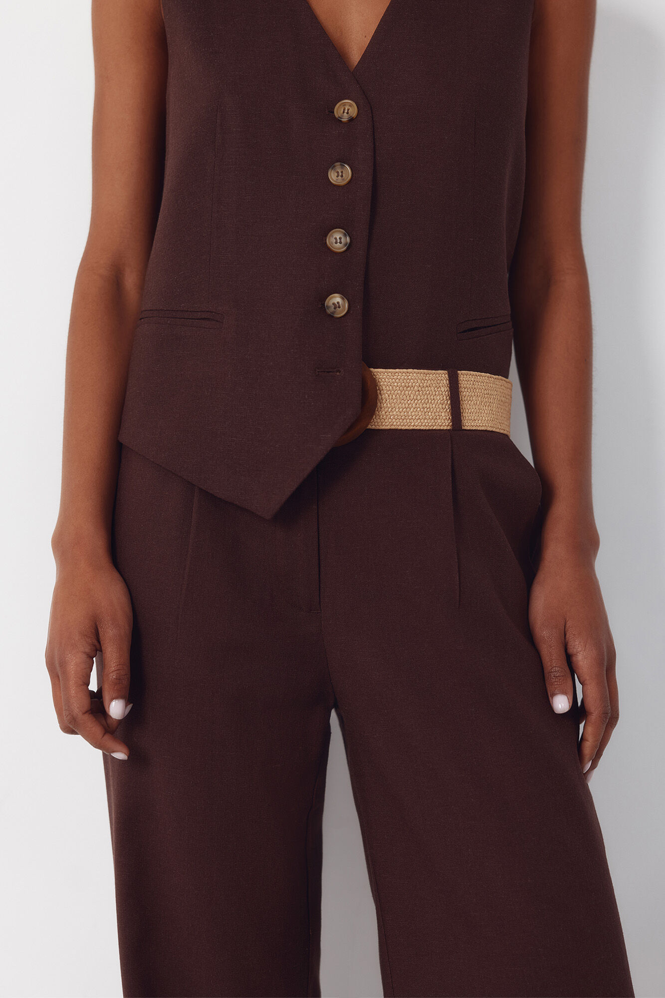 Cortefiel Wide-leg trousers with linen Dark brown