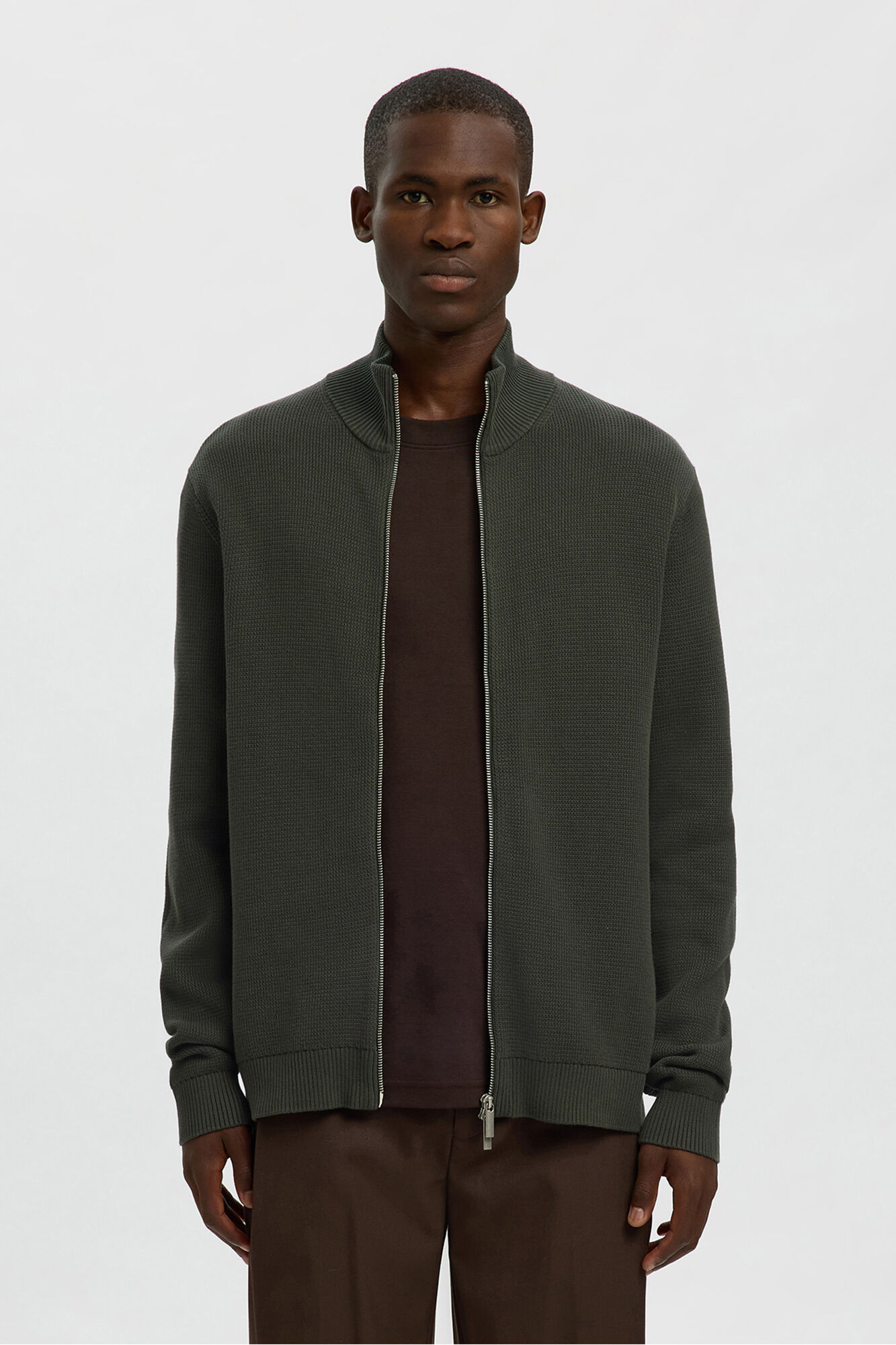 Selected 100% organic cotton jersey-knit zip fastening jacket Dark green