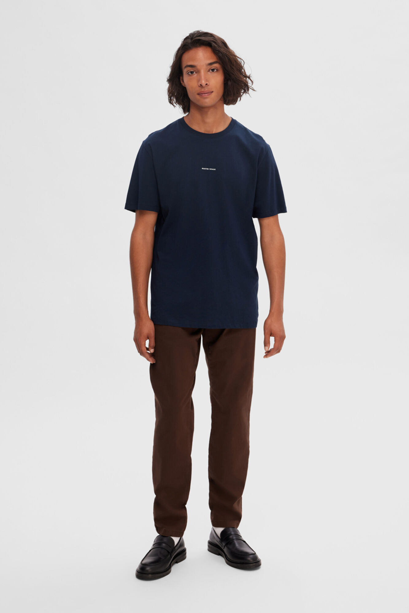 Selected Short-sleeved 100% organic cotton T-shirt with logo Navy