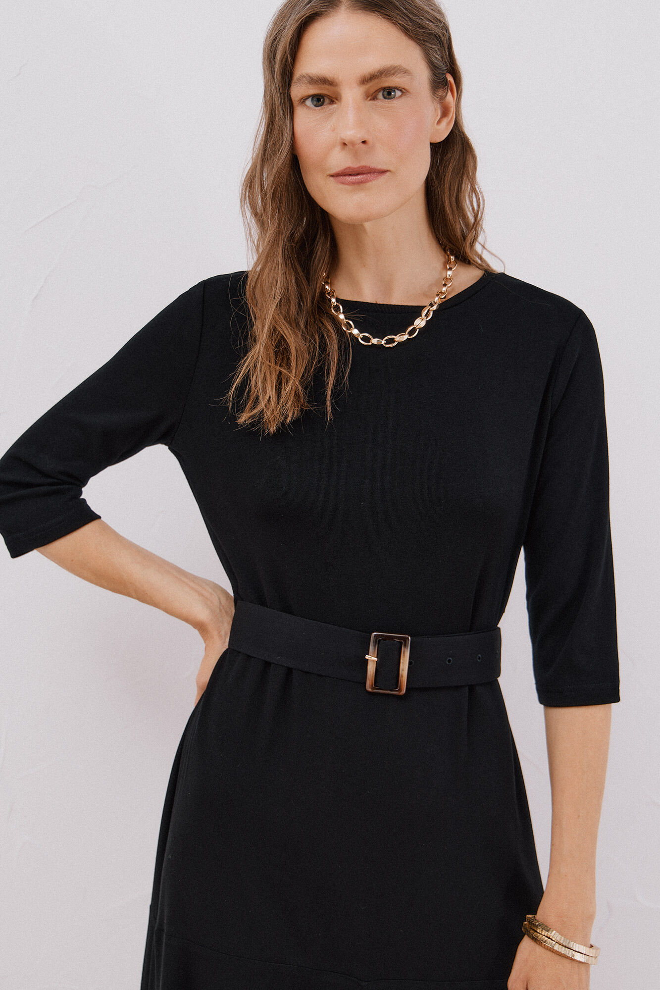 Cortefiel Vestido combinado com cinto Preto