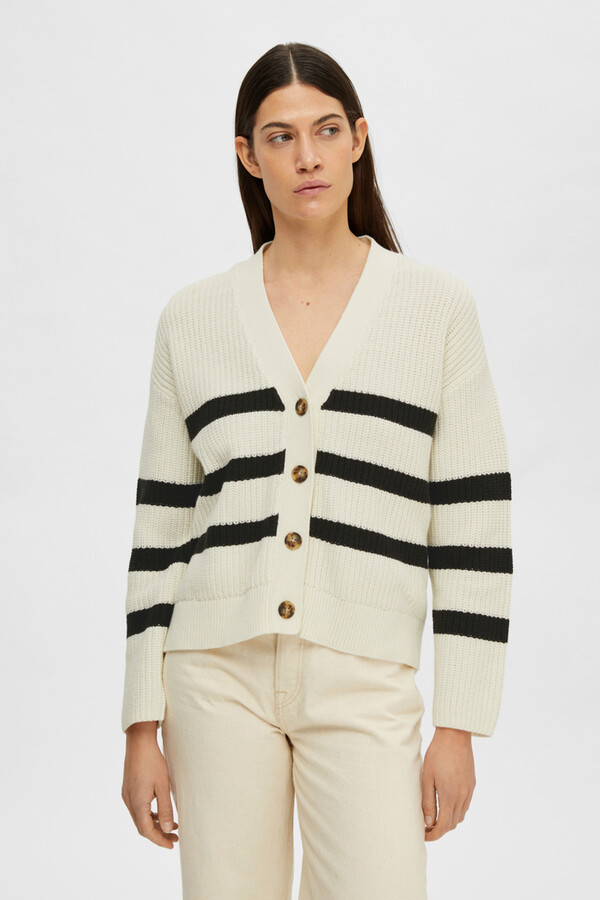 Cortefiel Relaxed fit V-neck striped cardigan White