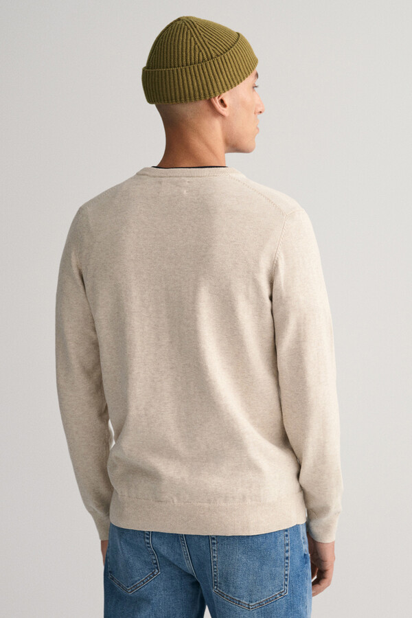 Cortefiel Classic Cotton V-Neck Sweater Beige
