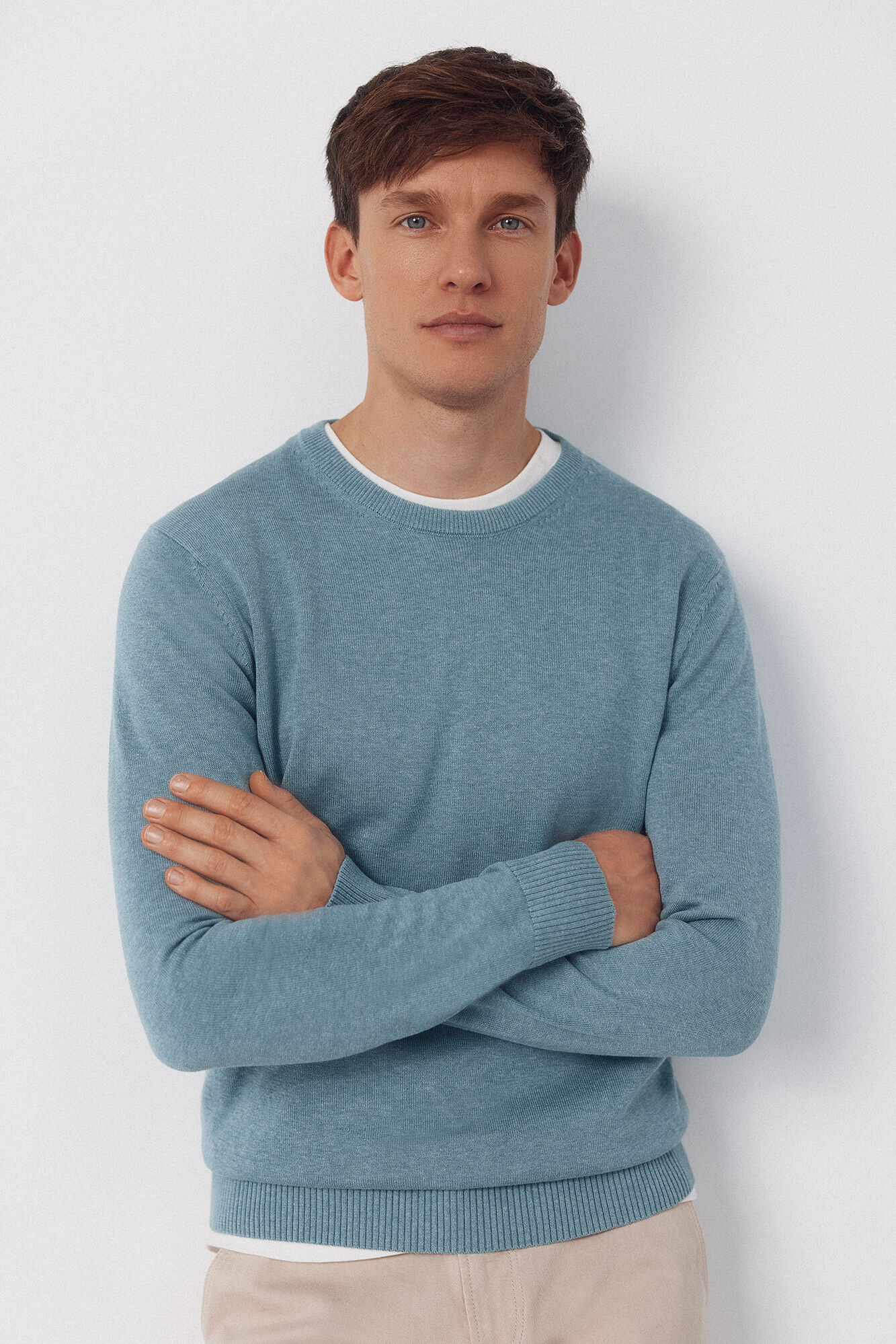 Cortefiel Basic cotton knit round neck jersey-knit Blue