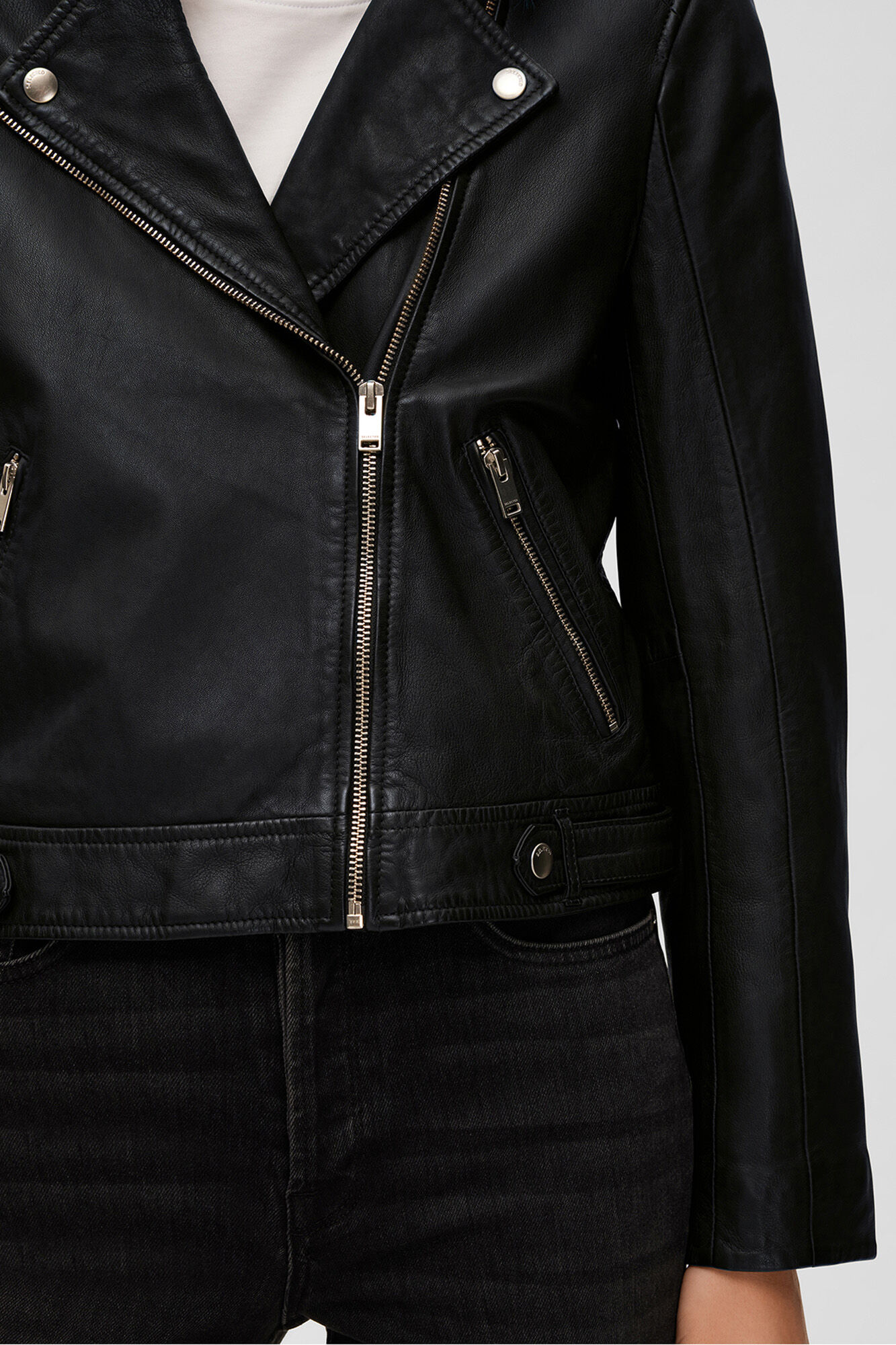 Selected 100% leather Cropped Biker Jacket . Black