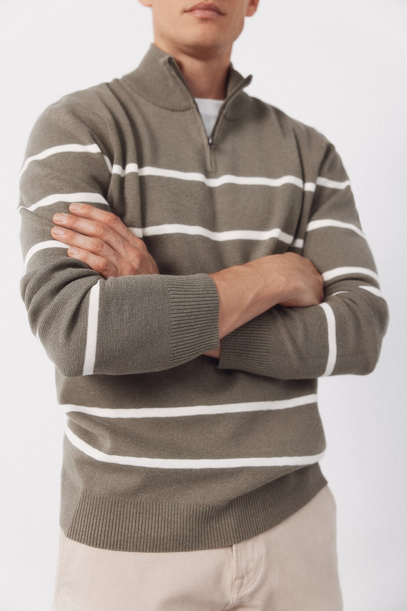 Cortefiel Striped jersey-knit with zip fastening  Kaki