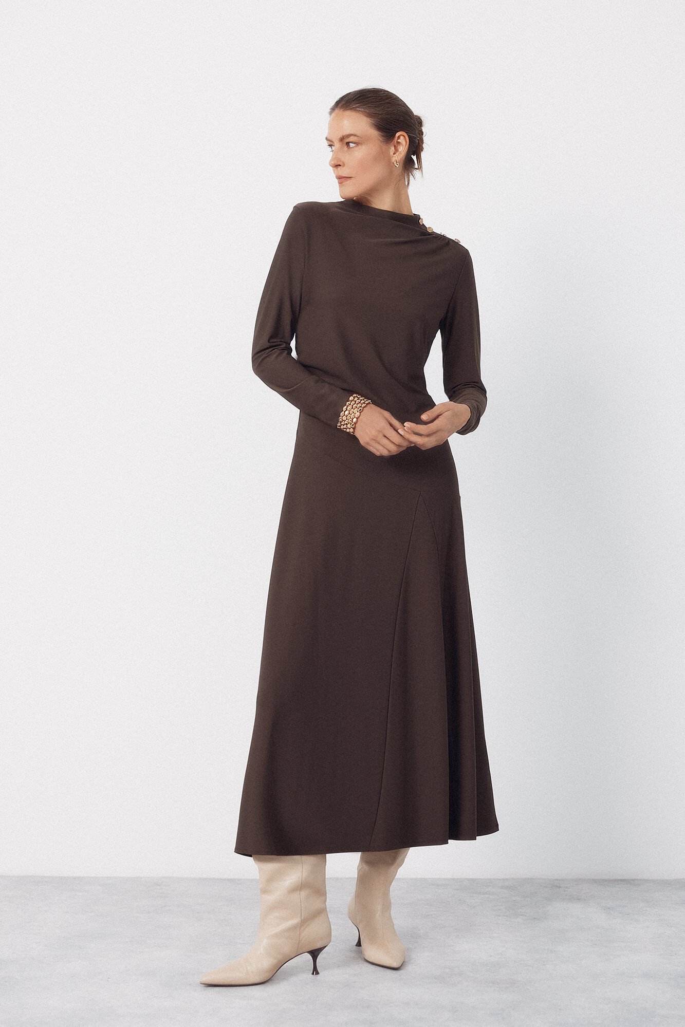 Cortefiel Long dress with gold buttons Brown