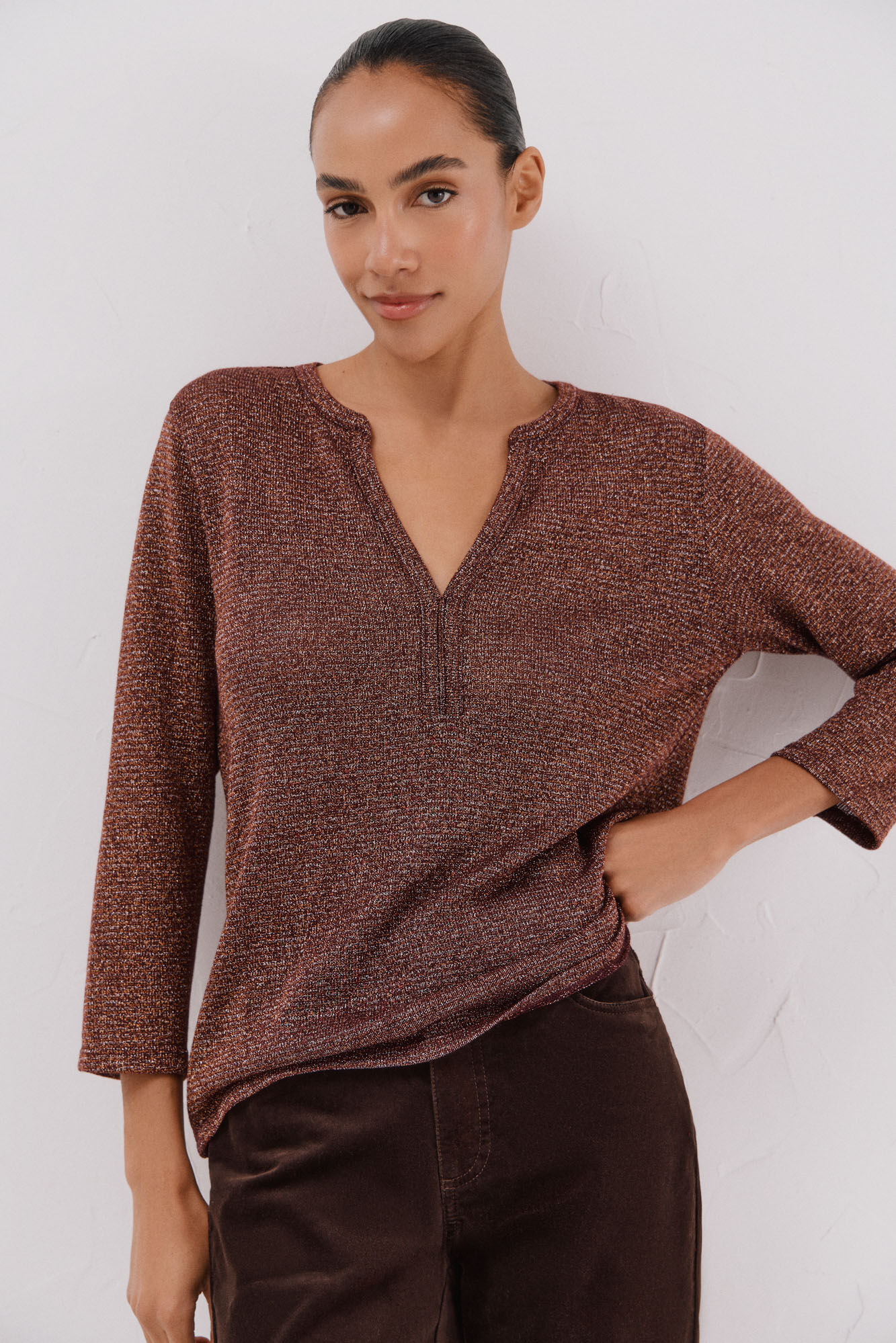 Cortefiel Lurex mandarin collar t-shirt