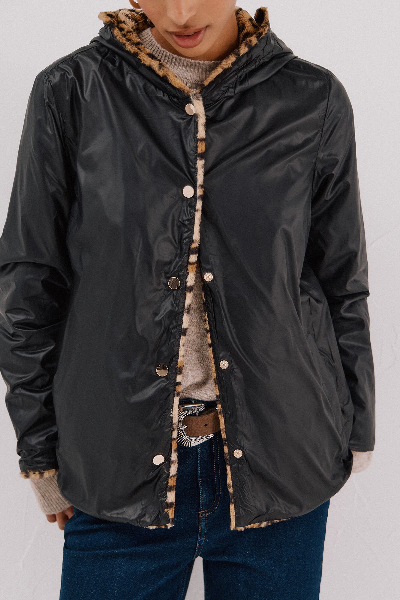 Cortefiel Short reversible faux fur jacket Black