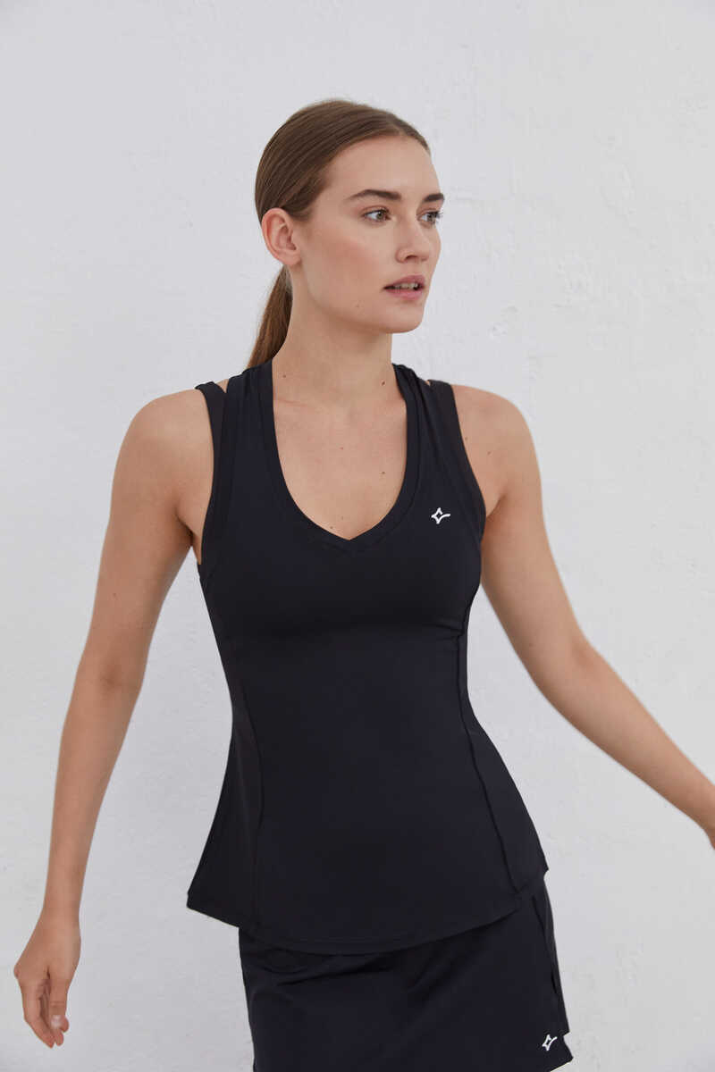 Tee-shirt fitness dos nageur bretelles élastiques femme - Noir en coton