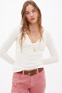 Hoss Intropia Tita. Textured T-shirt with knot detail Ivory