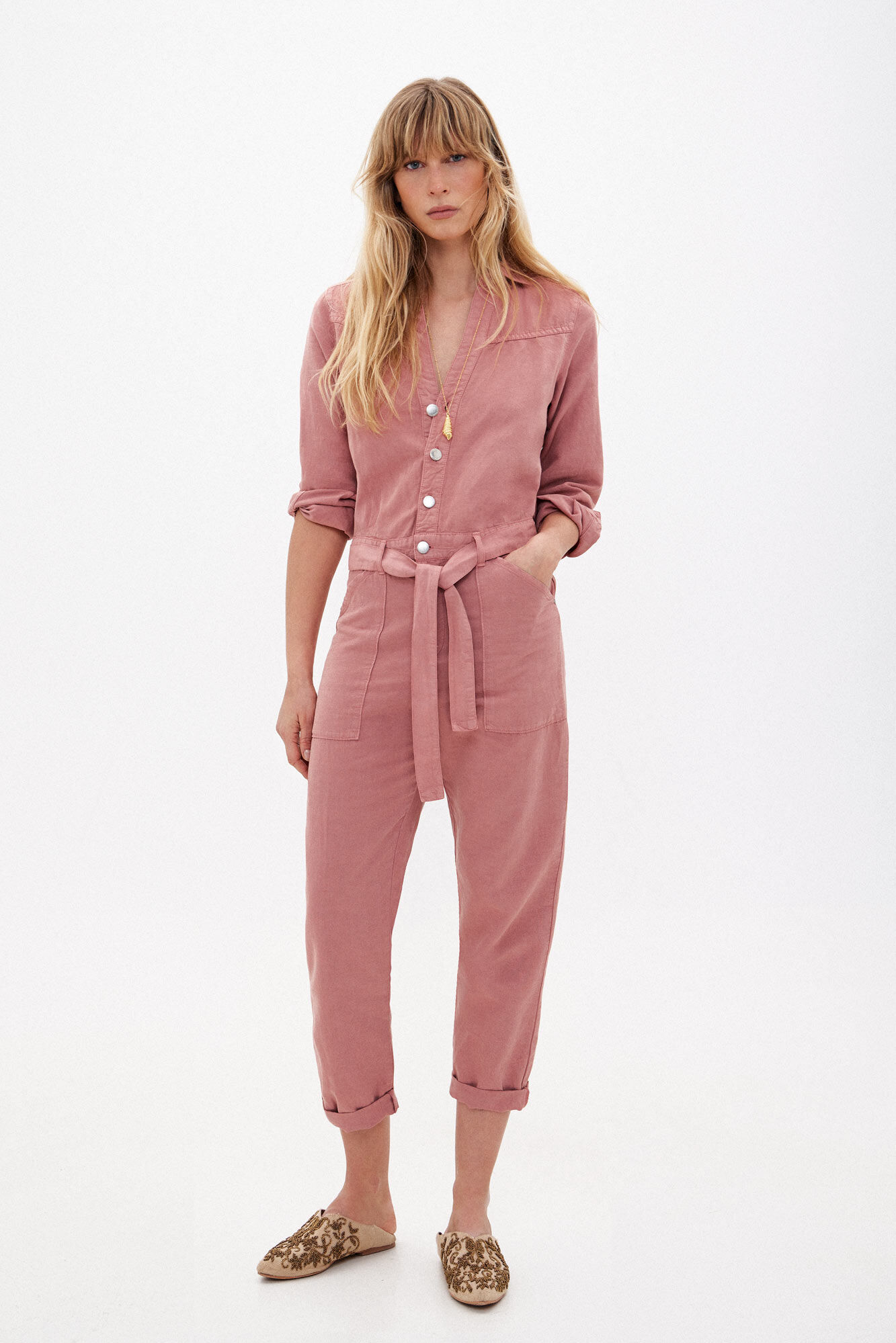 Hoss Intropia Vilma. Denim jumpsuit with belt Pink
