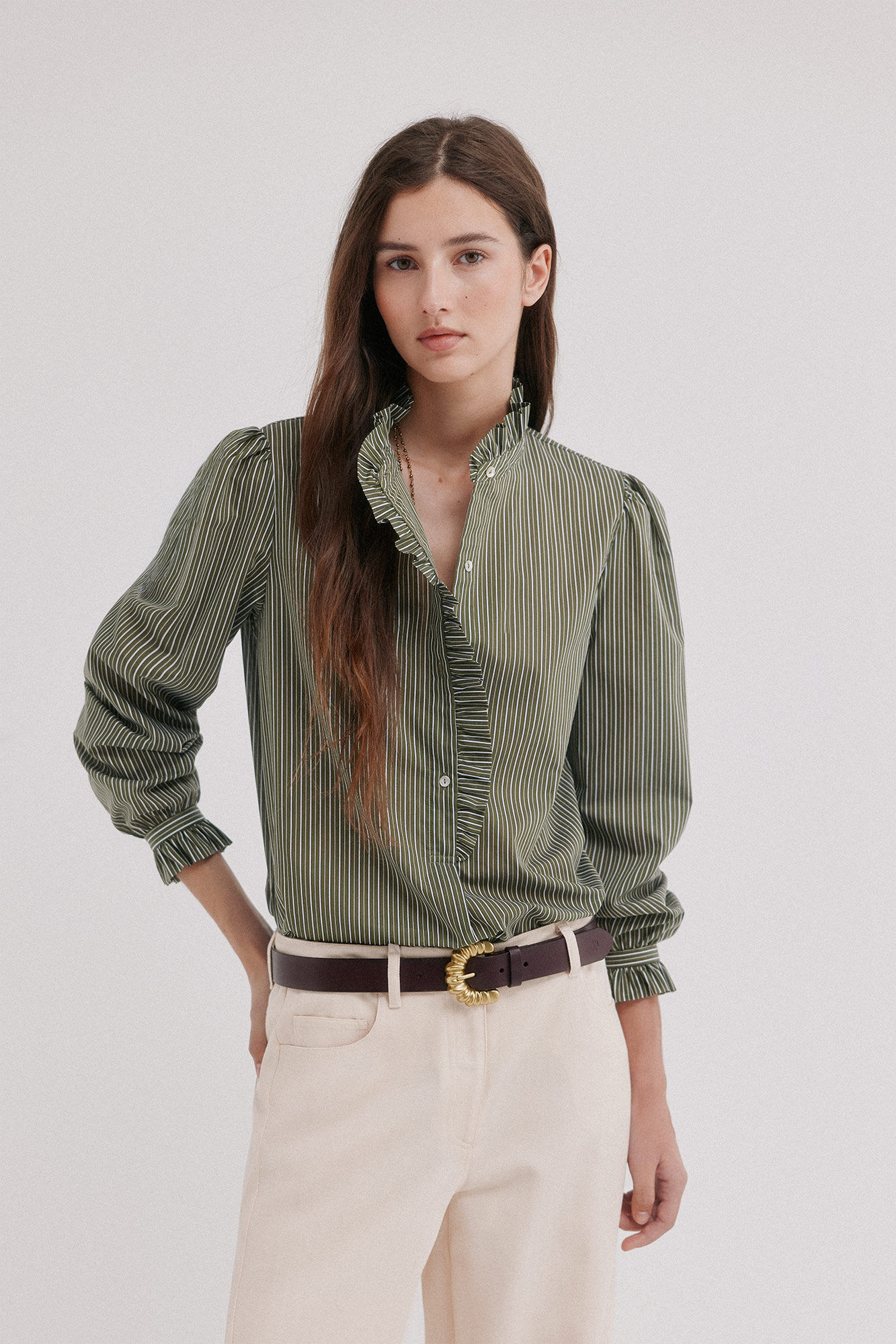 Hoss Intropia Cristela. Camisa rayas Kaki