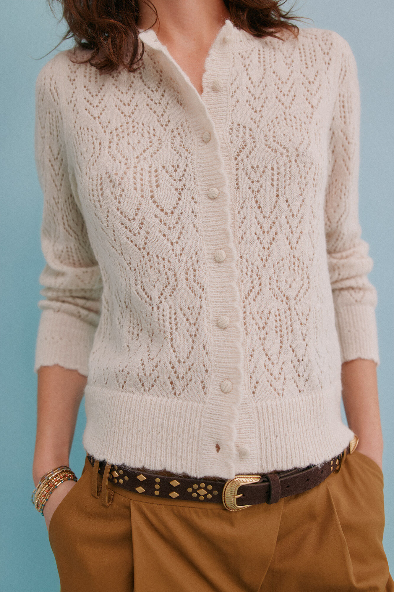 Hoss Intropia Inma. C&aacute;rdigan calado Beige