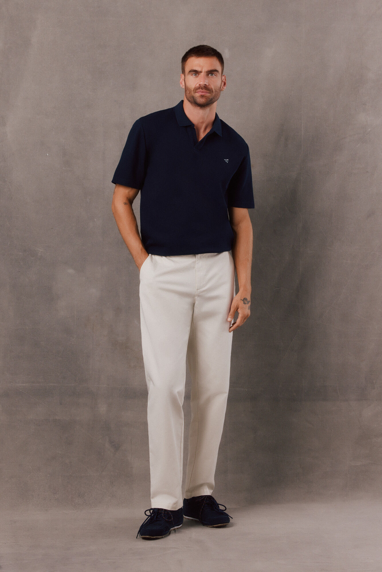 OOTO Open neck textured polo shirt Navy