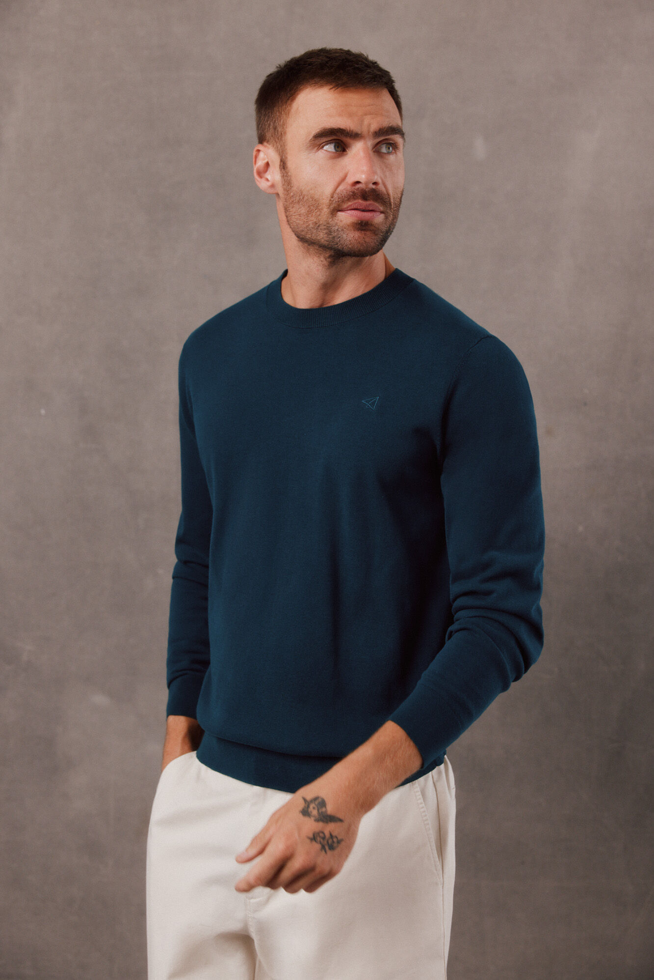 OOTO Camisola de algod&atilde;o mercerizado gola caixa Azul