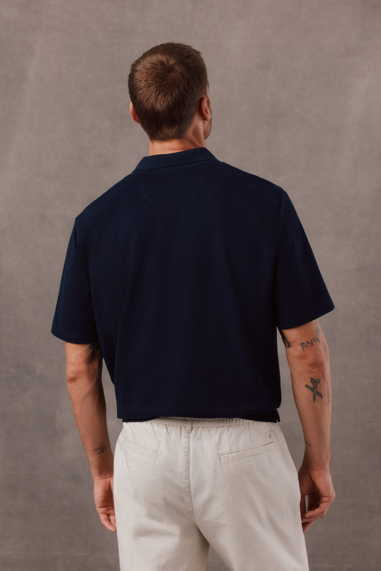 OOTO Open neck textured polo shirt Navy
