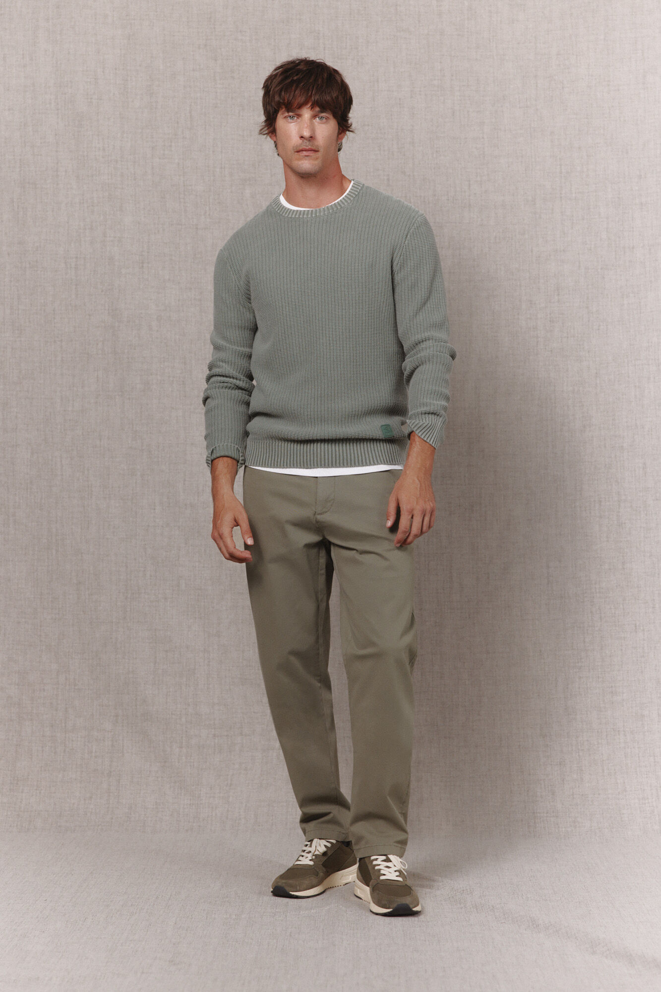OOTO Round neck washed cotton purl knit jumper Kaki
