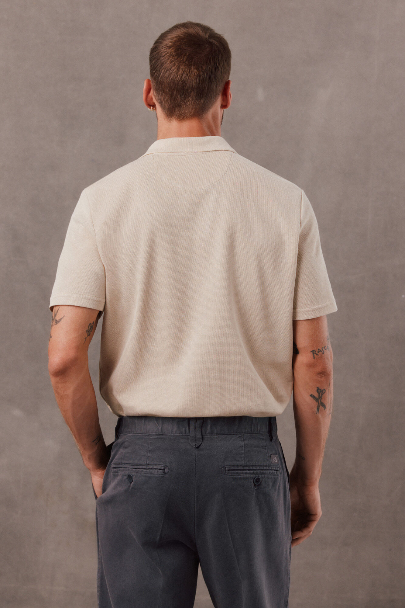 OOTO Open neck textured polo shirt Printed beige