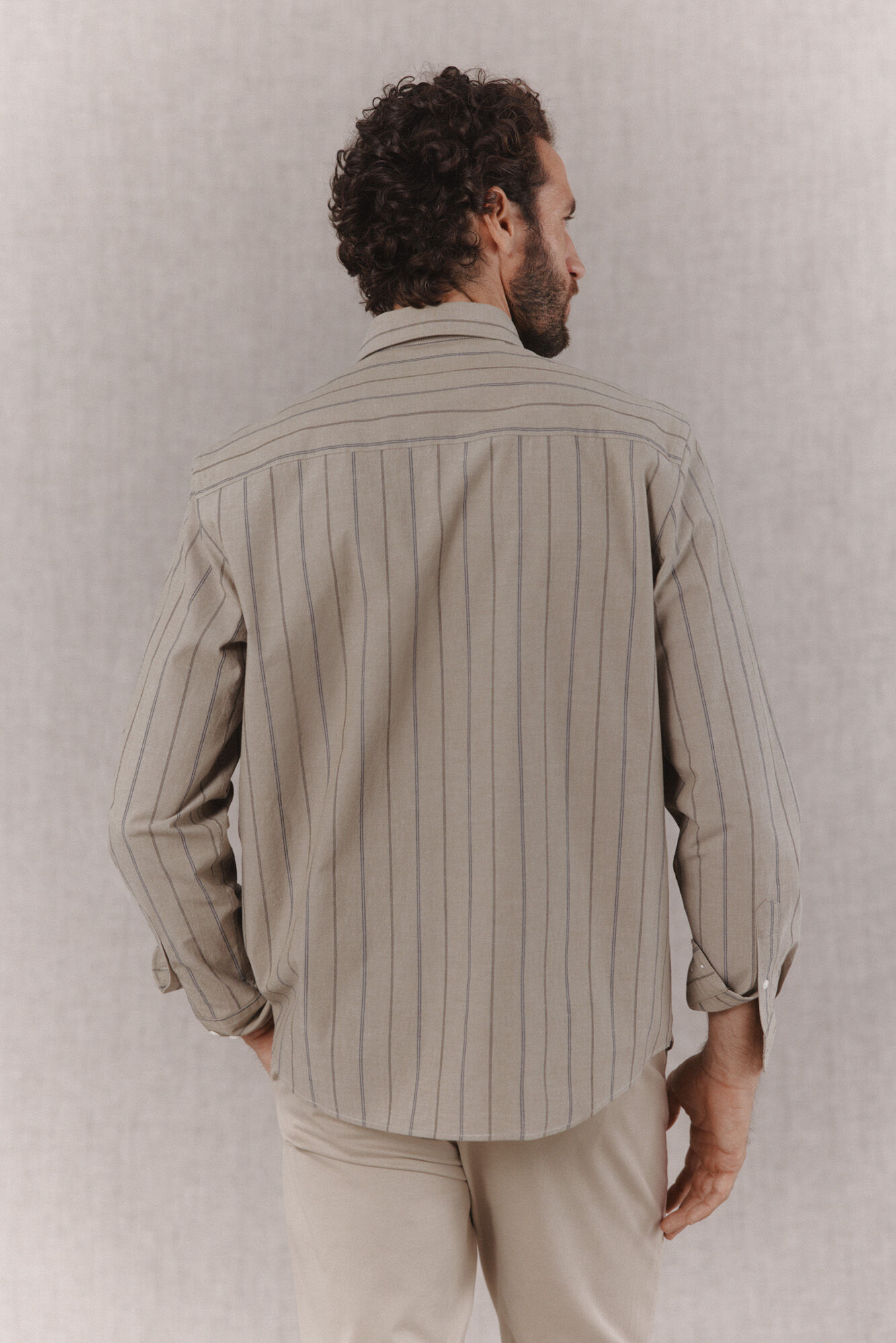 OOTO Camisa popel&iacute;n rayas manga larga Kaki