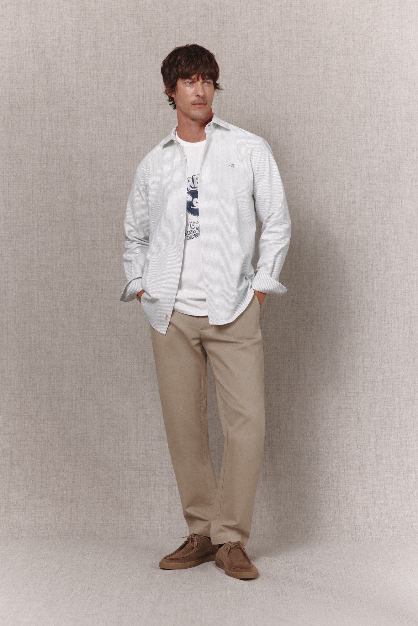 OOTO Camisa raya candela oxford manga larga Kaki