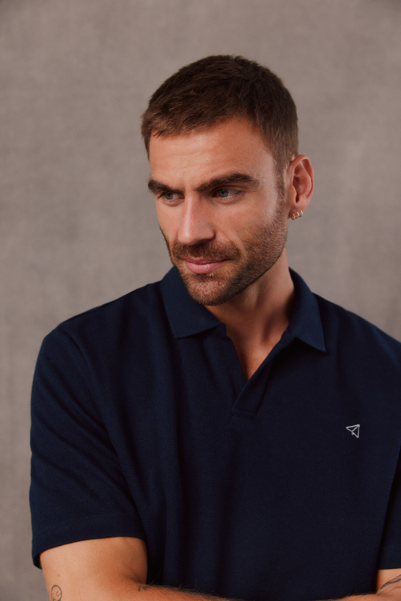 OOTO Open neck textured polo shirt Navy