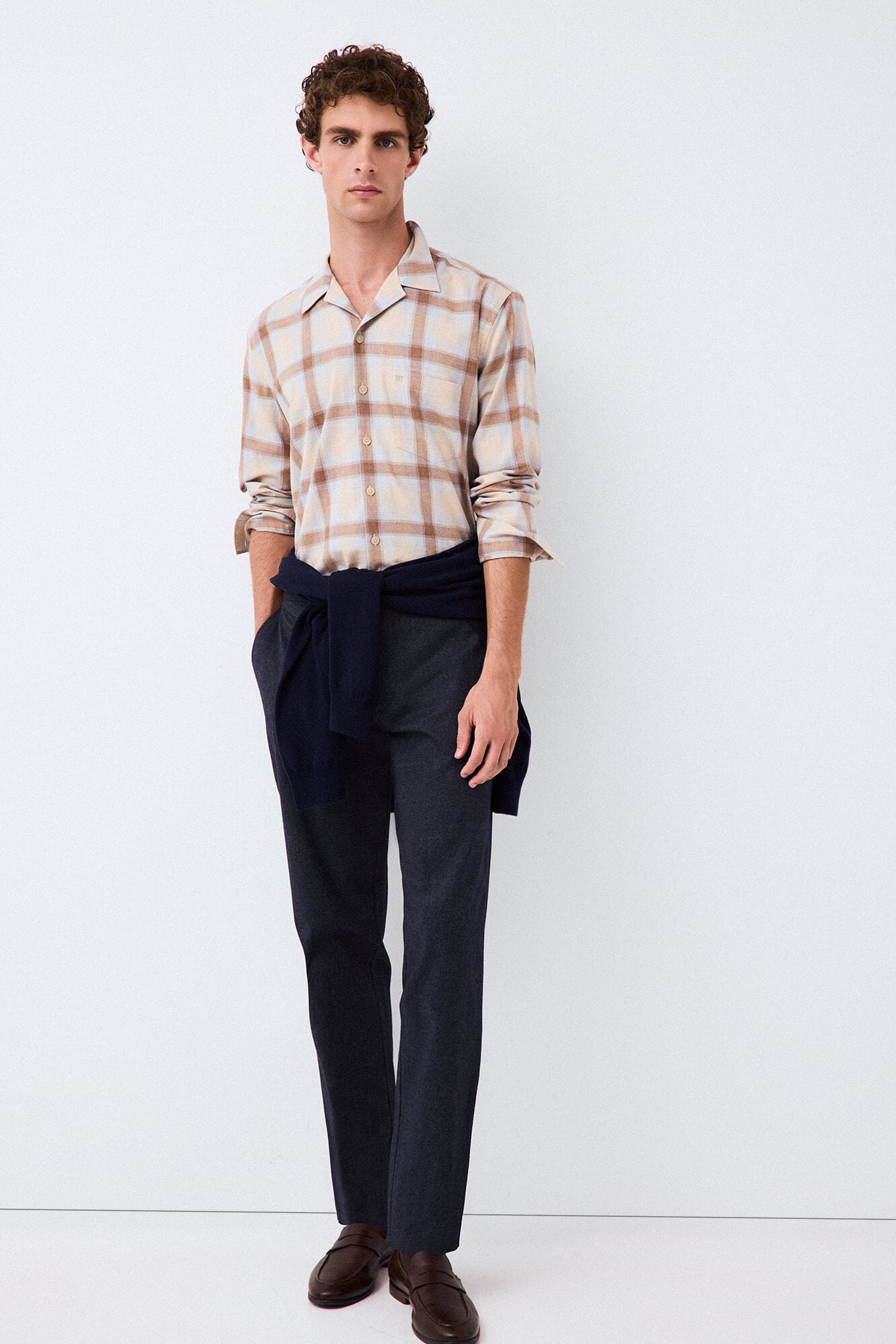 Pedro del Hierro Plaid camp collar shirt Beige