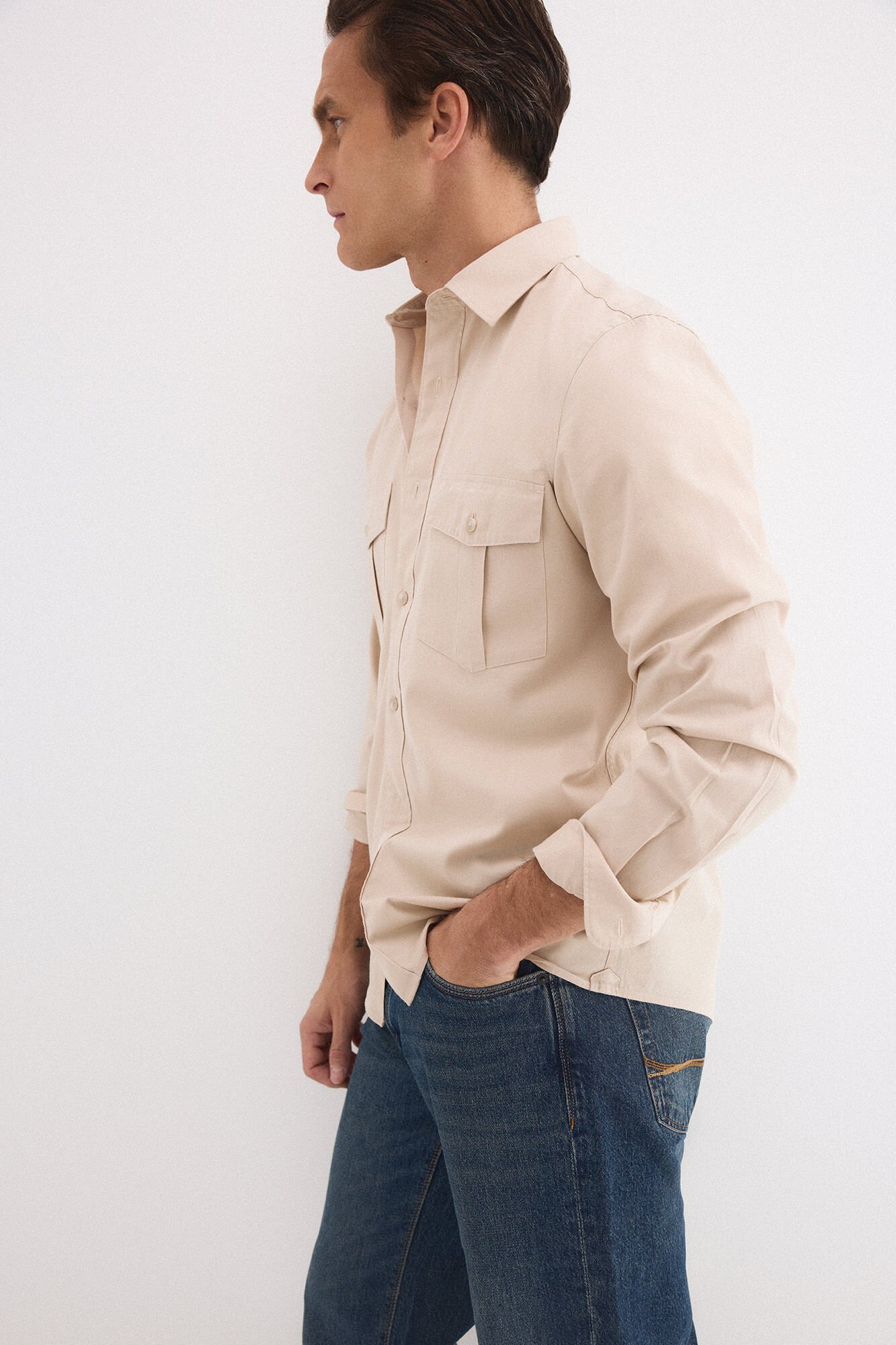 Pedro del Hierro Twill plain pocket shirt Beige