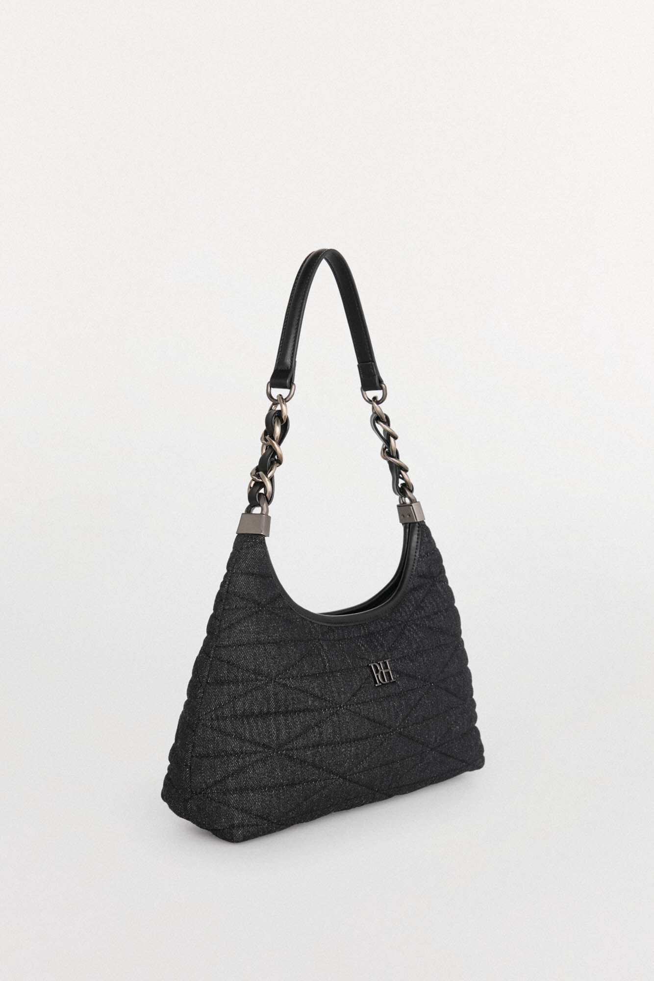 Pedro del Hierro Quilted hobo bag with leather handle and chain Black