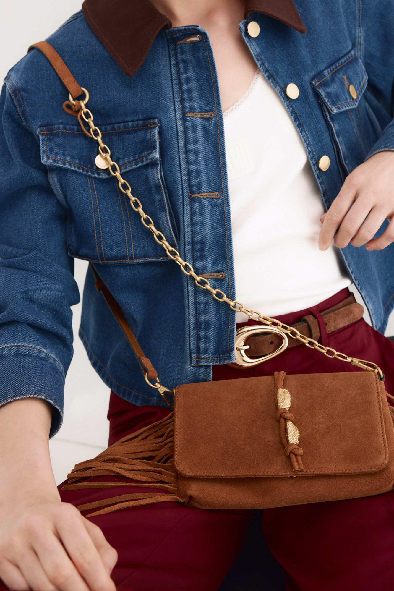 Pedro del Hierro Bandolera piel flecos Marr&oacute;n