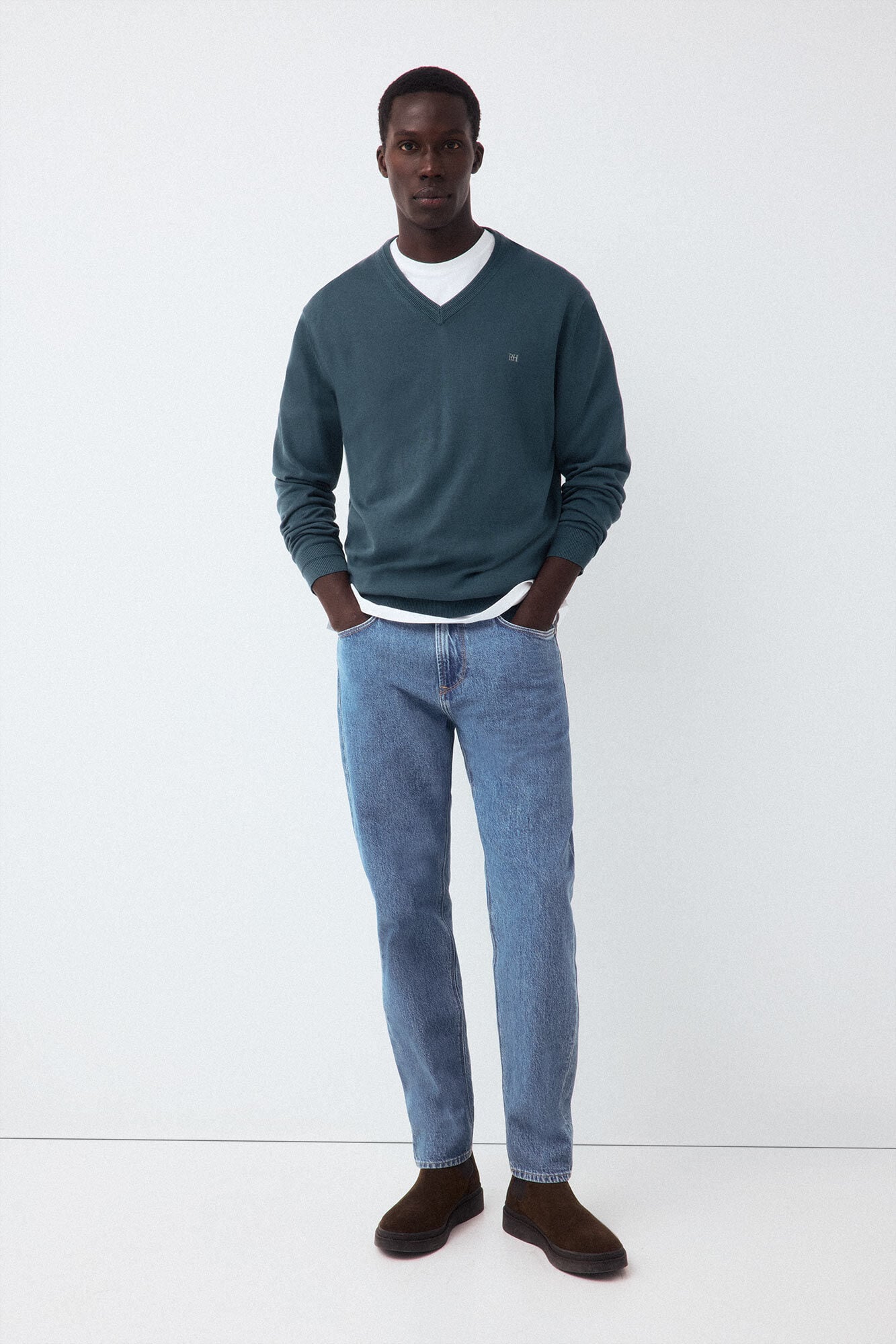 Pedro del Hierro Premium cotton fine knit V-neck jumper Green