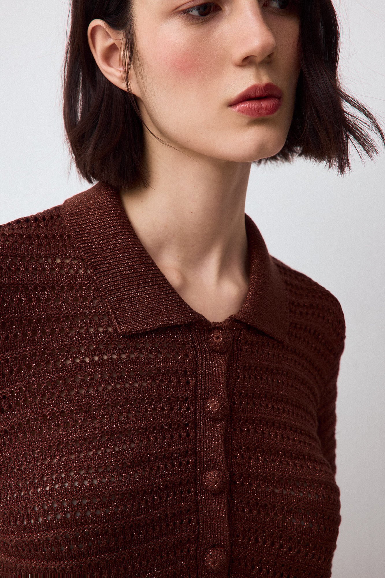 Pedro del Hierro Lurex openwork polo neck jumper Brown
