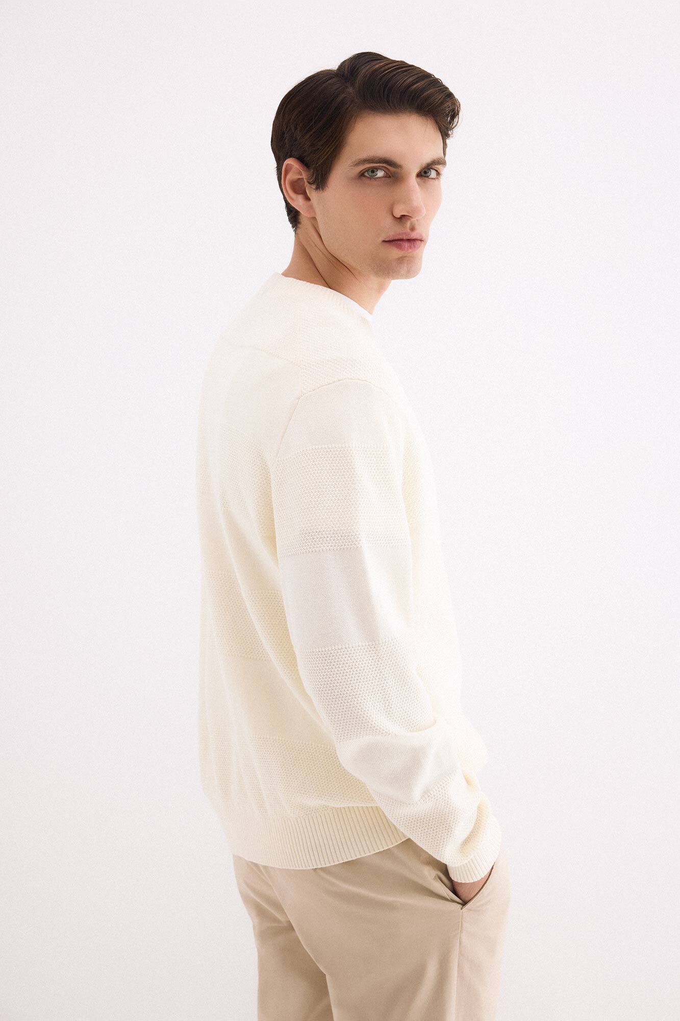 Pedro del Hierro Cotton textured round neck jumper Ecru